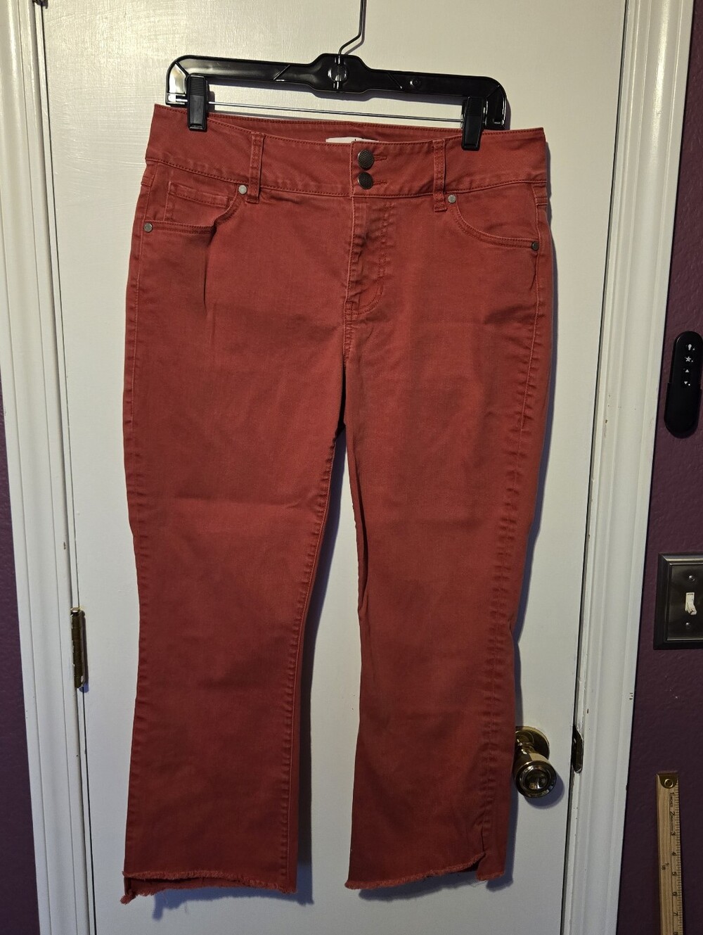 CAbi Jeans Size 10 Red Denim High Low Crop Skinny Flare Stretch